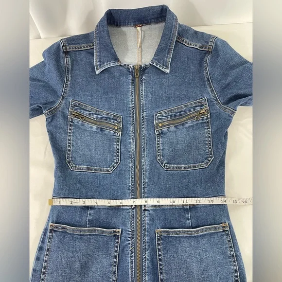Free People Denim Jumpsuit Medium Zip Front Utility Coverall Blue Long Sleeve - Picture 12 of 16